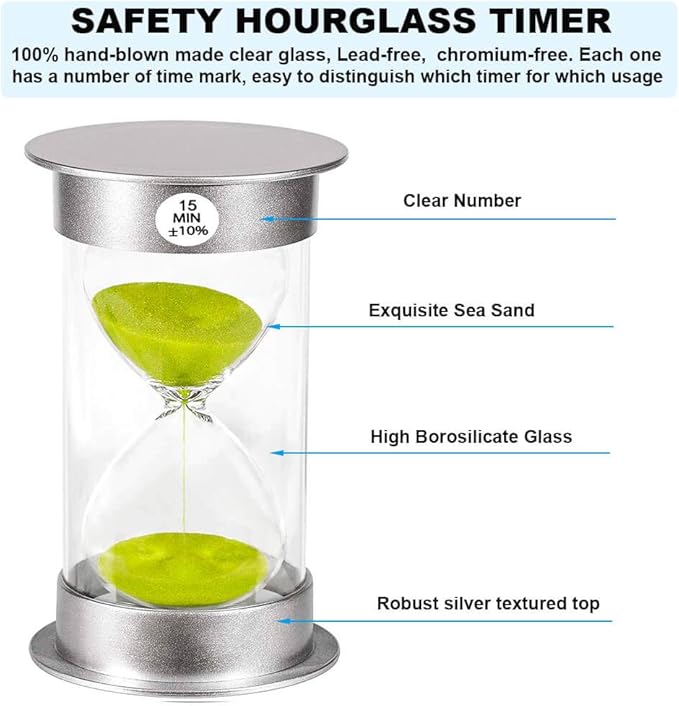 Sand Timer 15 Minute Hourglass Timer, Silver Plastic Sand Clock 15 minutes, Hour Glass Sandglass Timer for Kids, Games, Classroom, Kitchen, Decorative (15 Min, Green Sand)