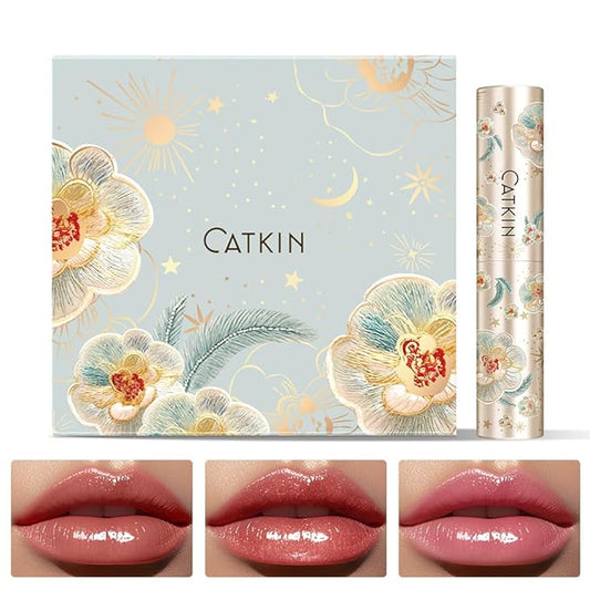 CATKIN Glossy Lip Balm 3pcs Gift Set, Ultra Hydating Glow Lip Tinted Jelly Plump Melting Balm Shea Butter Repair Soothing For Dry Lips Dewy Finished 0.12 oz 01