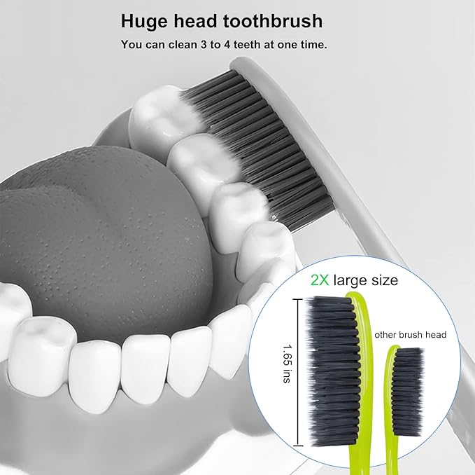 EasyHonor Huge Head Toothbrush, Medium Soft Toothbrush BPA Free for Proper Dental Care, 4 Pack with Black Charcoal Bristles.