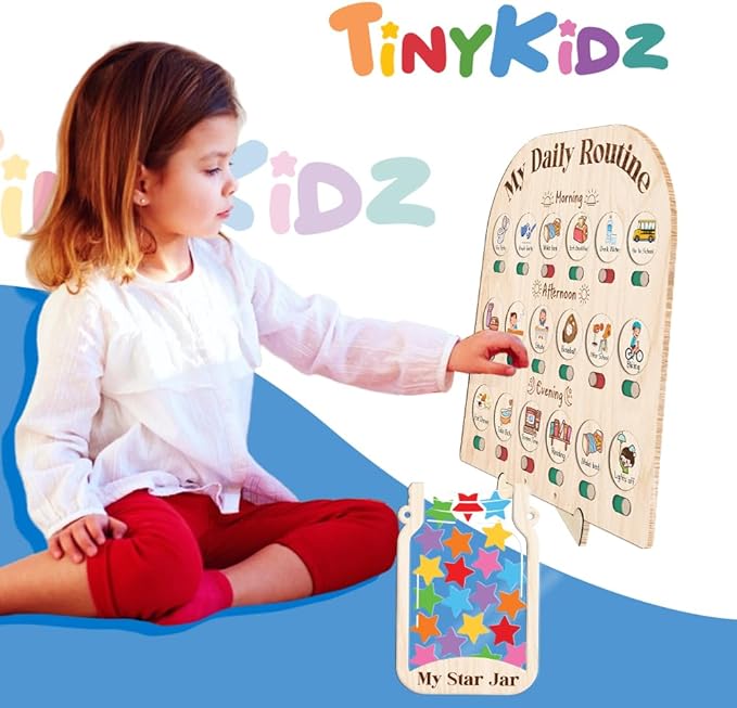 Wooden Daily Routine Chart with Reward Jar, Toddler Reward System, Morning Bedtime Routine Chart, Toddler Charts for Behavior and Routines, Wooden Chore Chart for Kids