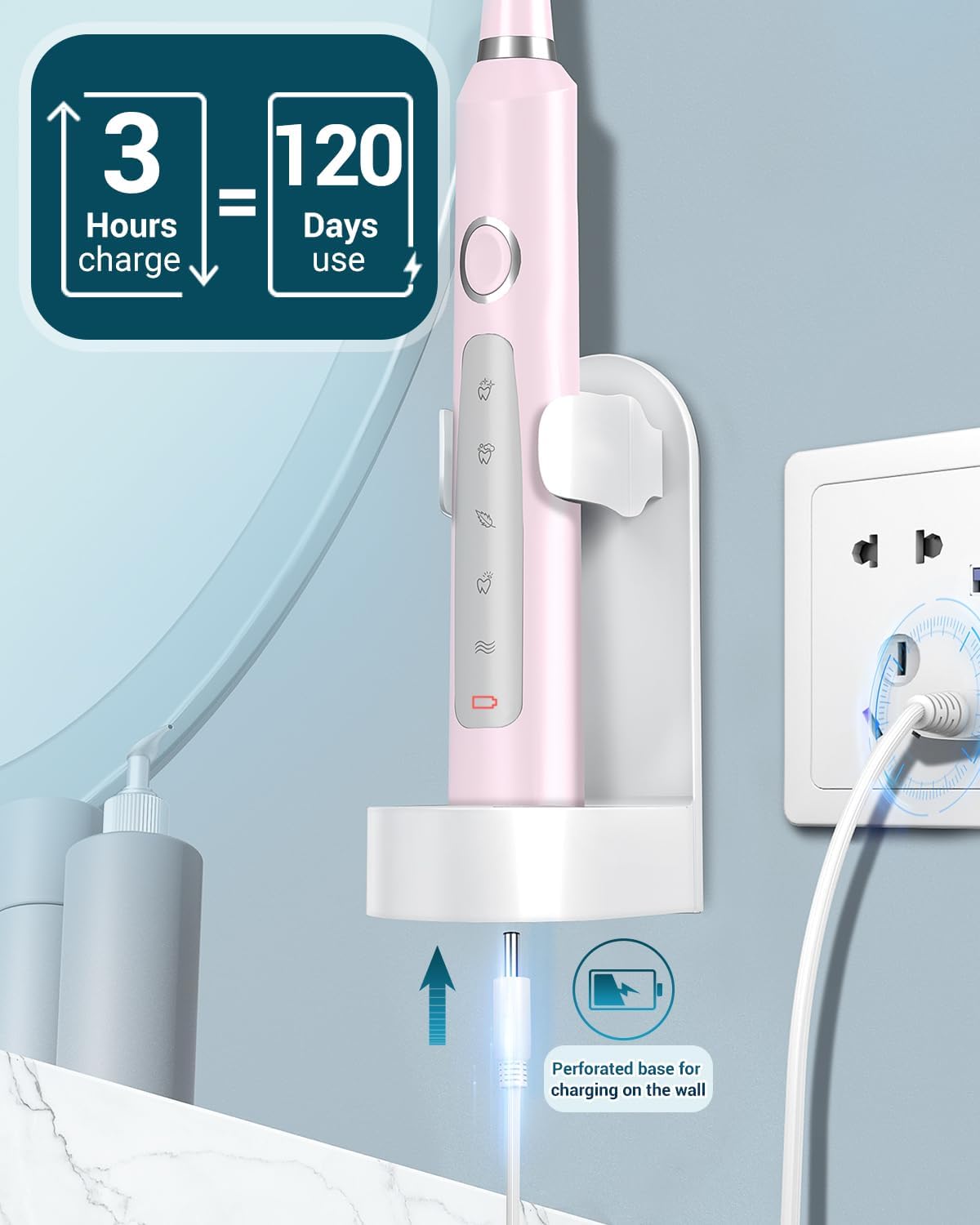 Rtauys M5 Sonic Electric Toothbrush for Adults and Kids - Rechargeable Electric Toothbrush Kids Ages 12+ and Adults with 8 Brush Heads & Travel Case, 120 Days Battery Life - Sakura Pink
