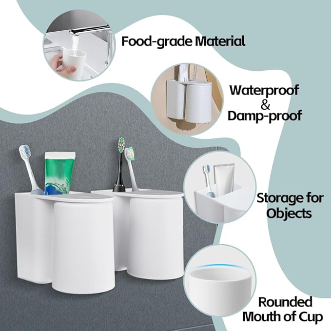 3 Pcs Toothbrush Holder Wall Mounted with Cup, 2-in-1 Toothbrush Holders for Bathroom, Hanging Toothbrush Cup Holder Without Drilling, Magnetic Space-Saving Toothbrush Organizer for Family (3Pcs)