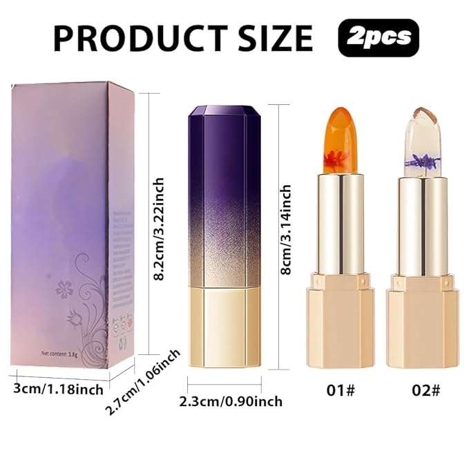 BINGBRUSH 2Pcs PH Color Changing Lipstick – Jelly Flower Lip Balm, Temperature-Activated Moisturizing Lip Tint, Long-Lasting Crystal Clear Lipstick for Women, Natural Glow & Hydration(#01+#02)