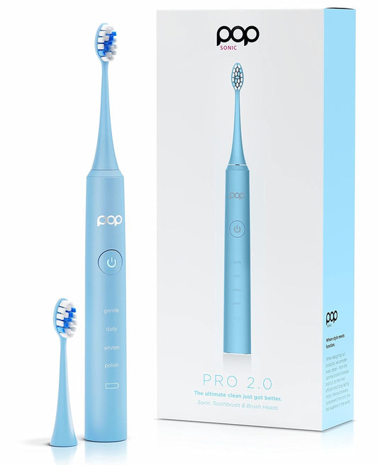 Pop Sonic Pro 2.0 Electric Toothbrush (Blue) Rechargeable Sonic Toothbrush with 45,000 Vibrations Per Minute & 4 Cleaning Modes for Adults & Kids with Long Lasting Dupont Nylon Bristles