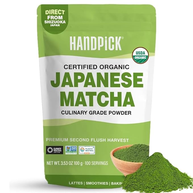 HANDPICK Japanese Organic Matcha Green Tea Powder (100 Servings) - Authentic Premium Second Flush Harvest | Resealable Ziplock Pouch