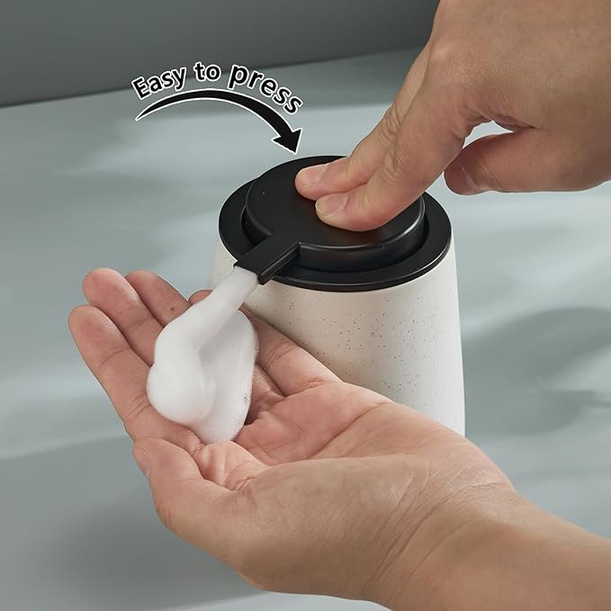 12Oz Foaming Soap Dispenser - Ceramic Foam Hand Soap Dispenser with Easy-to-Press Black Pump, Reusable and Refillable Lotion Dish Soap Dispensers for Bathroom & Kitchen, Speckled Matte White