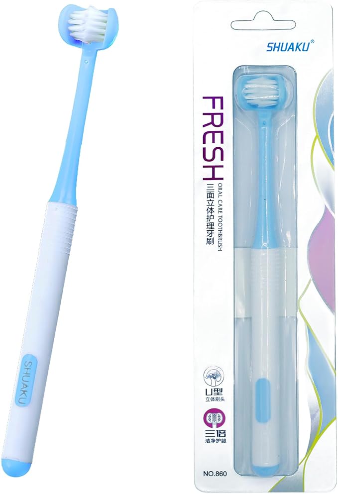 3 Sided Autism Toothbrush Three Bristles for Special Needs Adult Soft Bristles Soft and Gentle for Complete Tooth and Gum Care (Blue 1PCS)