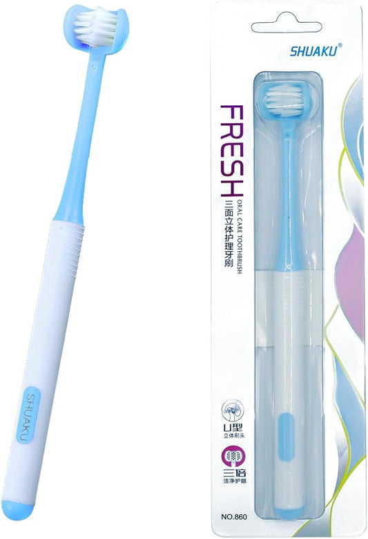 3 Sided Autism Toothbrush Three Bristles for Special Needs Adult Soft Bristles Soft and Gentle for Complete Tooth and Gum Care (Blue 1PCS)