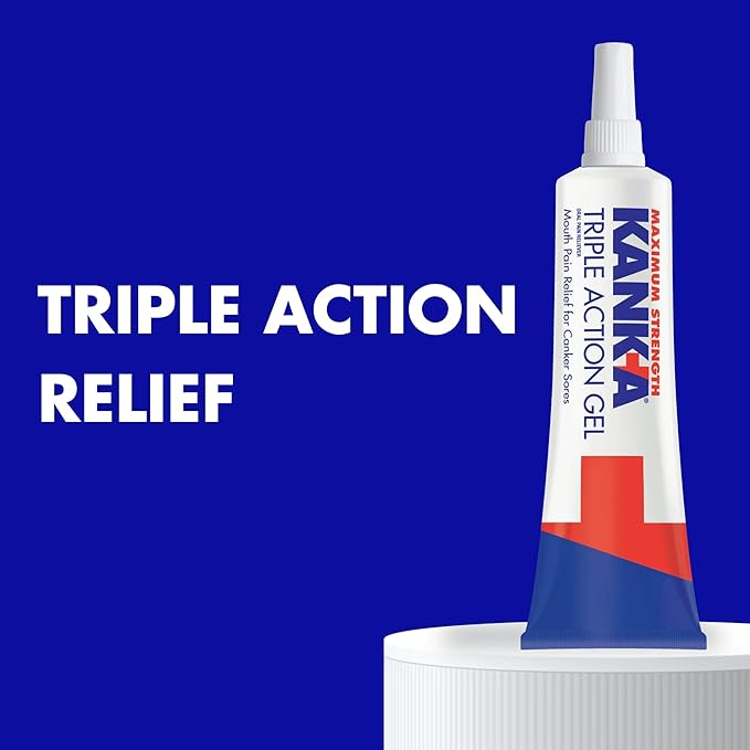 Kank-A Triple Action Gel, 0.42 oz, Maximum Strength Mouth Pain Relief Gel for Canker Sores, Triple Action Treatment, Fast Acting and Long-Lasting Pain Relief, Cools and Soothes Irritation, 0.42 oz