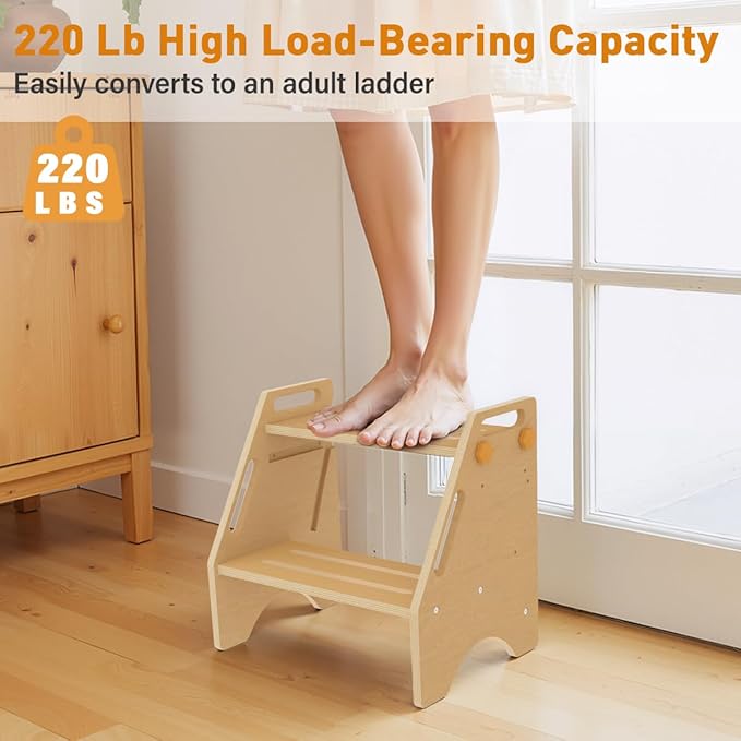 Toddler Step Stool, Wooden Height-Adjustable 2 Step Stool for Kids, 2 in 1 Potty Training Stool with Safety Handles Non-Slip Pads for Bathroom Sink, Kitchen, Bedroom (Natural)