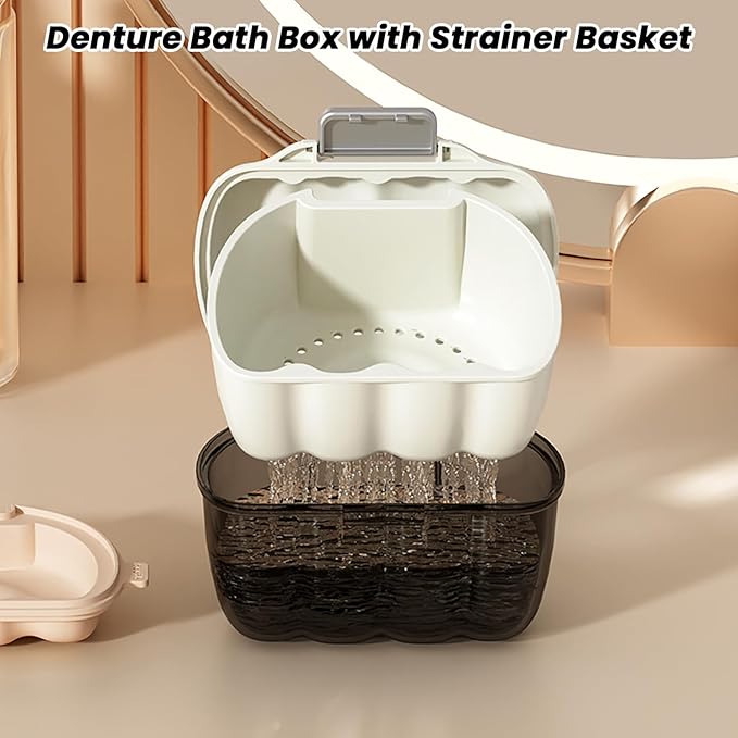 AARAINBOW Retainer Cleaner Case, Leak Proof Denture Bath Box with Strainer Basket, 2 in 1 Denture Container for Travel, Braces Storage Bath Box Mouth Guard Cleaning Denture Holder (D White)
