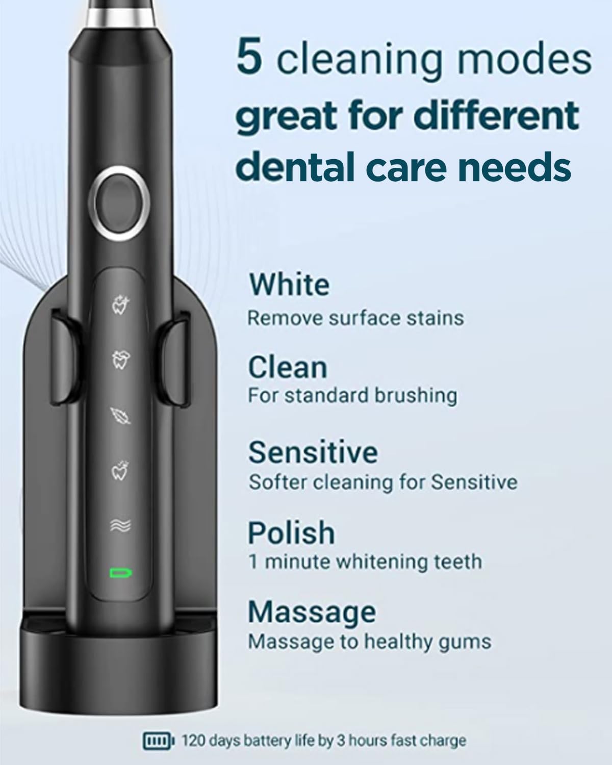 Rtauys M5 Sonic Electric Toothbrush for Adults and Kids - Rechargeable Toothbrush with Electric Toothbrush Cover, 8 Brush Heads & Travel Case, 120 Days Battery Life - BlackSilver
