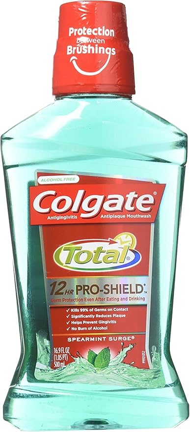 Colgate Total Pro-Shield Alcohol Free Mouthwash, Antibacterial Formula, Spearmint - 500 mL, 16.9 Fluid Ounce (6 Pack)