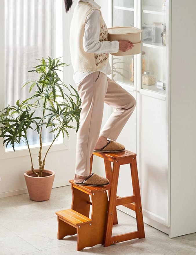 Flip N' Step Wooden Step Stool - Solid Pine, Non-Slip & Foldable | Kids Safety Stool for Kitchen, Bathroom | Display Shelf for Home Decor(Brown 3 Layers)