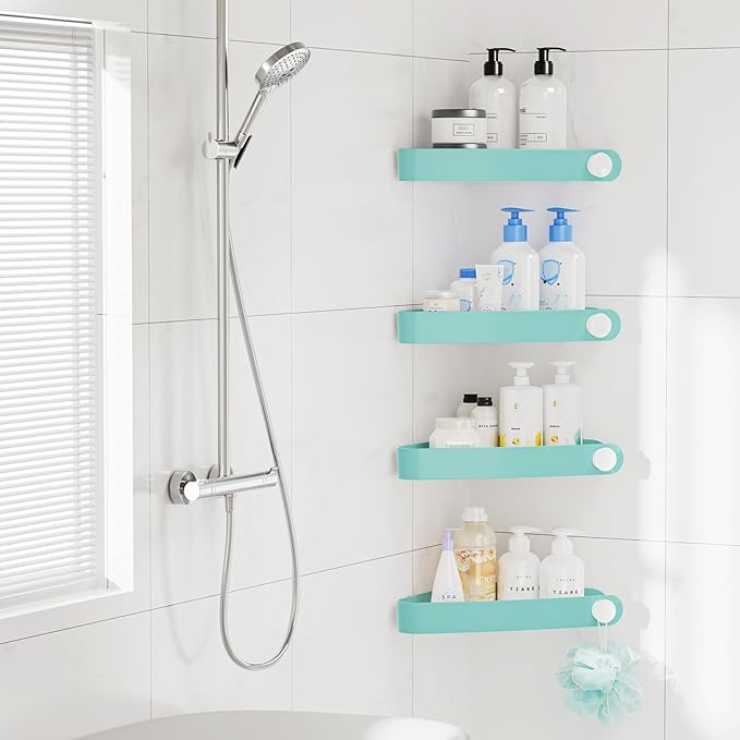 Sotfamily Shower Caddy Corner, 4 Pack Adhesive Corner Shower Shelves for Bathroom Organizers and Storage, Rust Free Plastic Rack for Bathroom Accessories & Decor, Turquoise