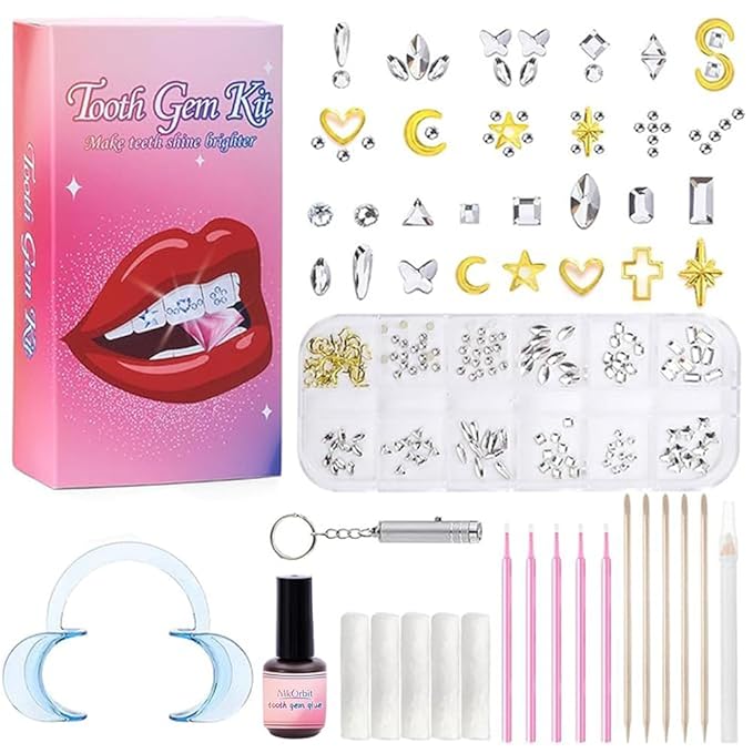 Generic Tooth Gems Fashionable DIY Teeth Jewelry with Shiny Crystals, Tooth Gems Decoration Starter Kit, gold and silver