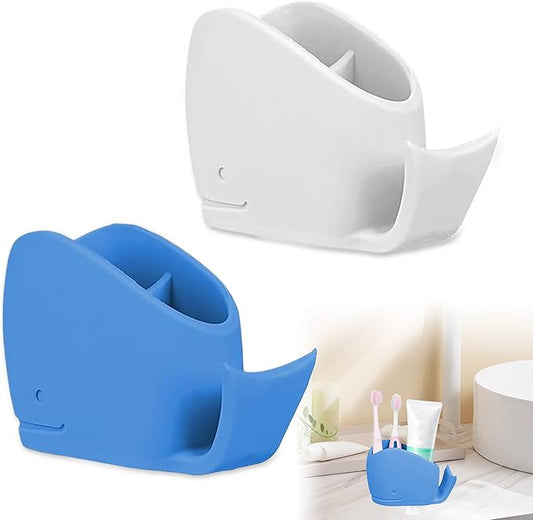 2PCS Kids Toothbrush Holder, Cute Whale Silicone Toothbrush Holder for Bathrooms, Blue and White, Toothbrush and Toothpaste Storage Box, Fun Kids Ocean Bathroom Decor Animal Toothbrush Holde