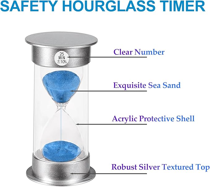 SuLiao Hourglass Sand Timer 25 Minutes：Silver Plastic Sand Clock 25 Min,Acrylic Unbreakable Sand Watch,Colorful Hour Glass for Kids, Games, Classroom, Kitchen, Decorative