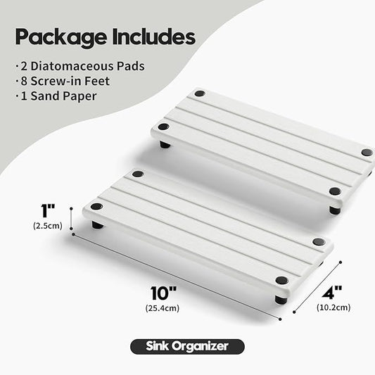 2 Pack Fast Drying Water Absorbing Diatomite Stone Mat Tray for Kitchen & Bathroom Counter - Instant Dry Sink Caddy Organizer - Vanity Holder for Soap and Sponge – White 10" x 4"