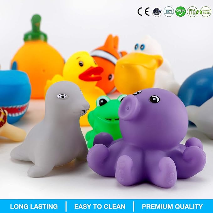 15 PCS Ocean Animals Rubber Bath Toy Water Squirters with Floating Bathtub Squeeze and Play Soft Sea Creatures anf Fishing Net for Baby, Toddlers and Kids