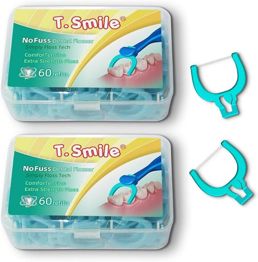 T.Smile NoFuss Dental Flosser Kit, 5-inch Long Handle & Refill Heads, Extra-Strength Floss for Comfortable Clean, Fluoride Free (120 Extra-Strength Floss Refills)
