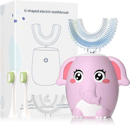 Kids Electric U Shaped Toothbrush Children Rechargeable Sonic Toothbrush with 4 Brush Heads Full Mouth 6 Cleaning Modes -(Age 8-15 Pink)