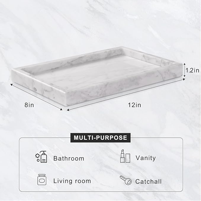 Marble Bathroom Tray for Countertop & Home Decor, Natural Decorative Marble Tray for Jewelry & Perfume Organizer, Luxury Stone Vanity Trays for Dresser, Kitchen Counter, 12" x 8", White