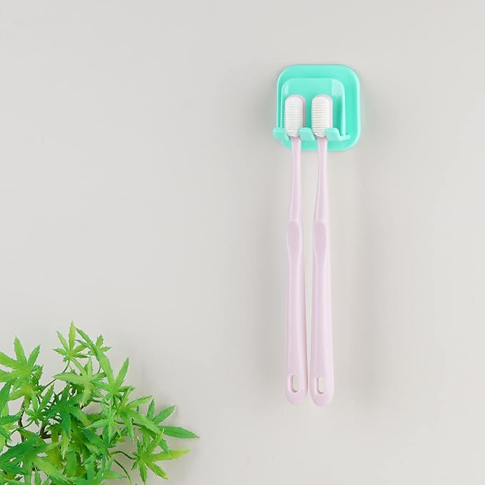 2 PCS Self-Adhesive Toothbrush Holders Wall Mounted, Water Proof Toothbrush Hook, 2 in 1 with Toothbrush Hanger and Gargle Cup Holder for Bathroom Shower (Green)