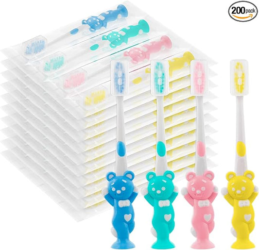 Toothbrushes for Kids In Bulk, Individually Wrapped Disposable Toothbrush Cute Manual Soft Bristles Children Toothbrush With Cover Suction Cup Toddler Toiletries Set for Home/School/Travel (200 Pack)