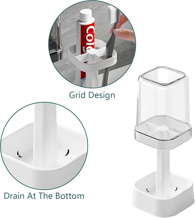 Toothbrush Holder with Cup/Cover, 3 Slots Toothpaste Holder Stand for Bathroom Countertop Plastic Storage Organizer for Toothbrushes, Electric Toothbrushes (White)