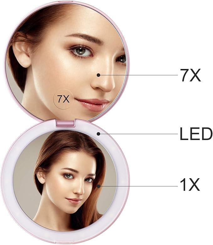 Gospire 5" Lighted Travel Makeup Mirror 1X/7X Magnifying Double Sided, Super Large LED Compact Portable Handheld Pocket Illuminated Cosmetic Vanity Mirror with Battery for Makeup Bag
