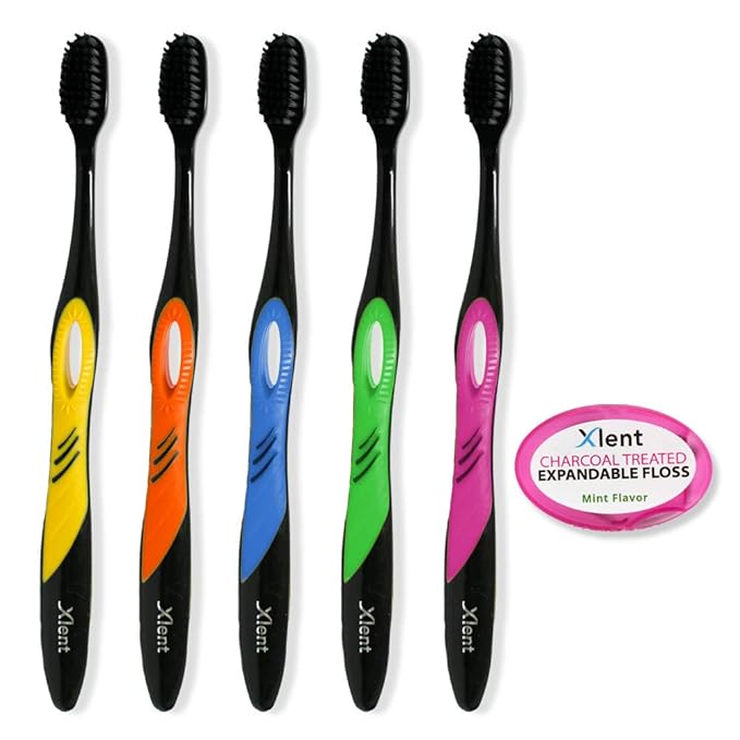 Xlent Dental Activated Charcoal Bristle Toothbrush - Xtreme (Extreme) Soft, Ultrafine, Tapered bristles, Compact Head and Slim Design (5 Toothbrush + 1 Floss 5 m)