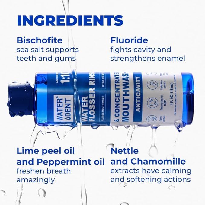 Fluoride Mouthwash & Water Flosser Аdditive | Add to Oral irrigator | Citrus Mint Flavor | Alcohol Free, Made in USA | Concentrated 1:10 = 44 fl.oz, Pack of 2 Bottles