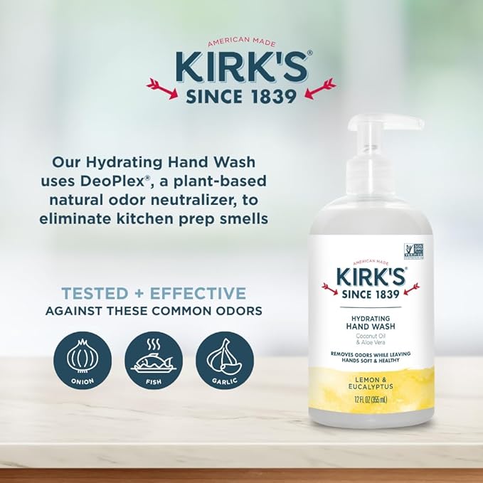 Kirk's Hydrating Hand Wash - Made with Coconut Oil and Aloe Vera, With Odor Neutralizing Technology To Help Eliminate Odors, Non-GMO, Vegan, Lemon & Eucalyptus, 12 Fl Oz. 4 pack