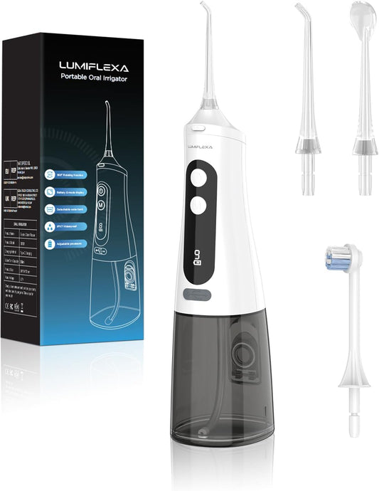 Water Dental Flosser, 300ML Cordless Oral Irrigator Rechargeable Dental Flosser Picks with 9 Levels 5 Jet Tips,IPX7 Waterproof Teeth Cleaner for Braces Gum Care (White)