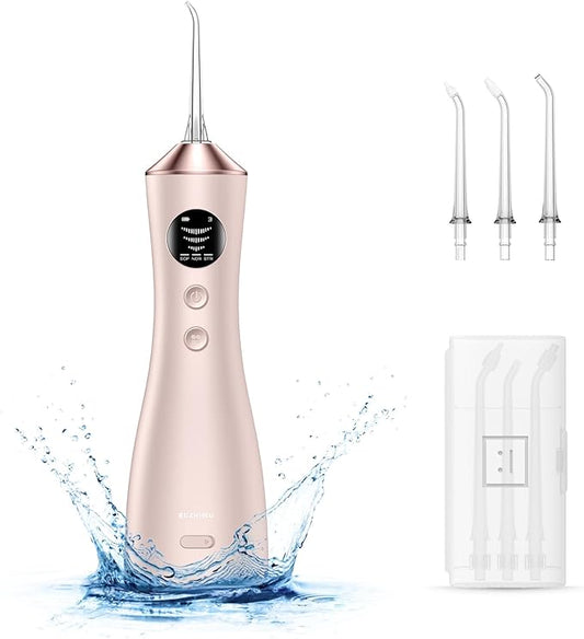 Water Dental Flosser for Teeth, Portable Cordless Water Flosser with 300ML Rechargeable with Type-C, IPX7 Waterproof Water Flossers for Adults with 3 Intensity Modes and 3 Flossing Tips Golden Pink