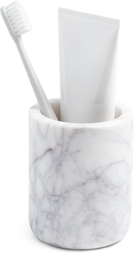 Cork & Mill Marble Toothbrush Holder Cup for Bathroom, Real White Marble Stone Bathroom Accessory, Aesthetic Decorative Countertop Organizer for Tooth Brush & Toothpaste