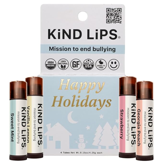 Kind Lips Organic Holiday Variety 4-Pack Lip Balm (Sweet Mint, Vanilla Lemon, Georgia Peach, Strawberry) - Natural Cruelty-Free, Gluten-Free, Made in USA