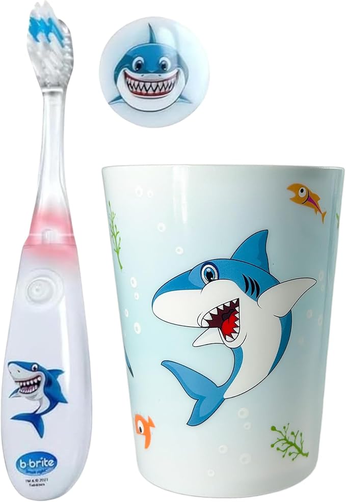 Lily's Home Kids Flashing Timer Toothbrush kids with Soft Bristles, Rising Cup & Cover - Fun 2-Min Light-Up Brushing for Children - Toddler Soft Toothbrush Kit (shark)