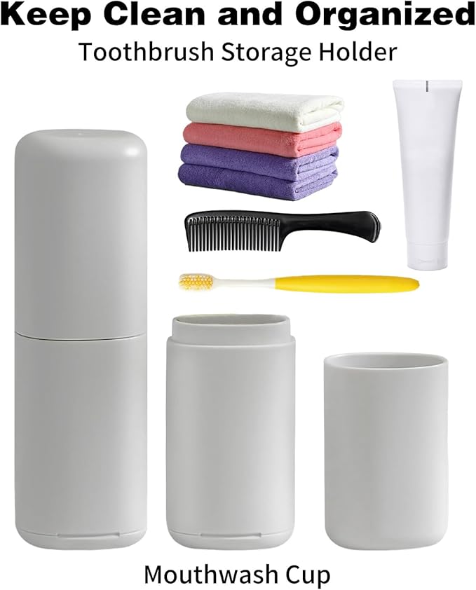 2PCS Travel Toothbrush Case, Portable Tooth Brush Holder and Toothpaste Cover Container with Cup, Large Capacity Dustproof Toothbrush Travel Case for Traveling Camping Home(Gray)