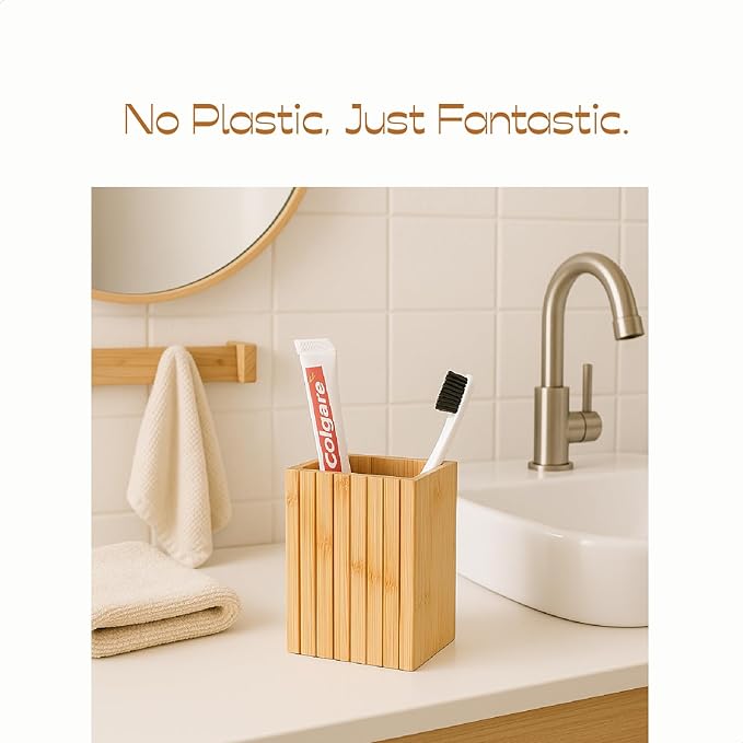 Natural Bamboo Toothbrush Holder, Fluted Square Design for Countertop, Multipurpose Pen Holder or Desktop Organizer, Natural