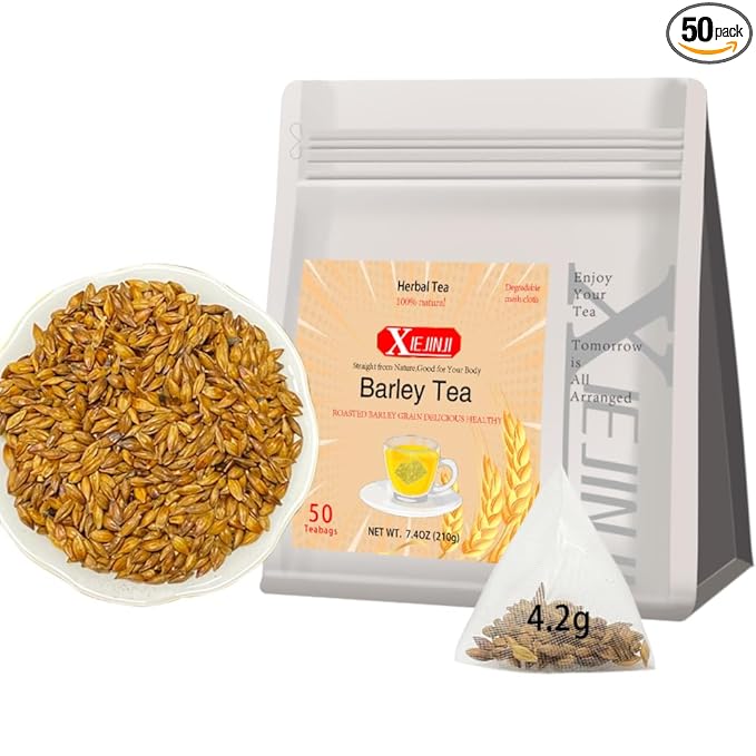 XIEJINJI Barley Tea, 4.2g x 50 Count (7.4 oz), 100% Pure Natural Roated Barley Grains Herbal Tea, Eco-Conscious Tea Bags, Caffeine-Free Herbal Tea for Digestive Support & Relaxation