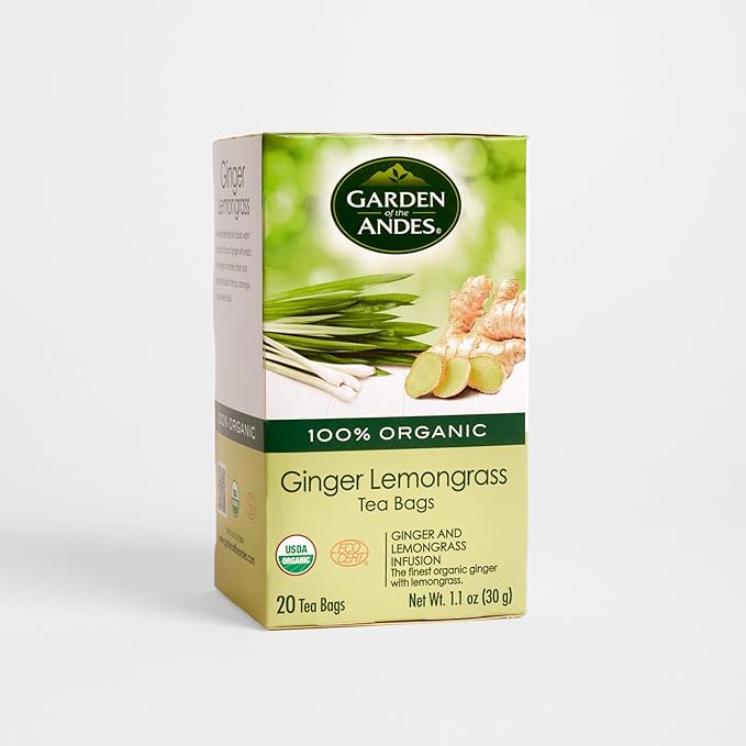 Garden of the Andes - Organic Ginger Lemongrass Tea - 20 Tea Bags/Box, Pack of 6 (120 ct.) - Caffeine-Free Herbal Infusion - Supports Digestive Wellness & Calming Comfort