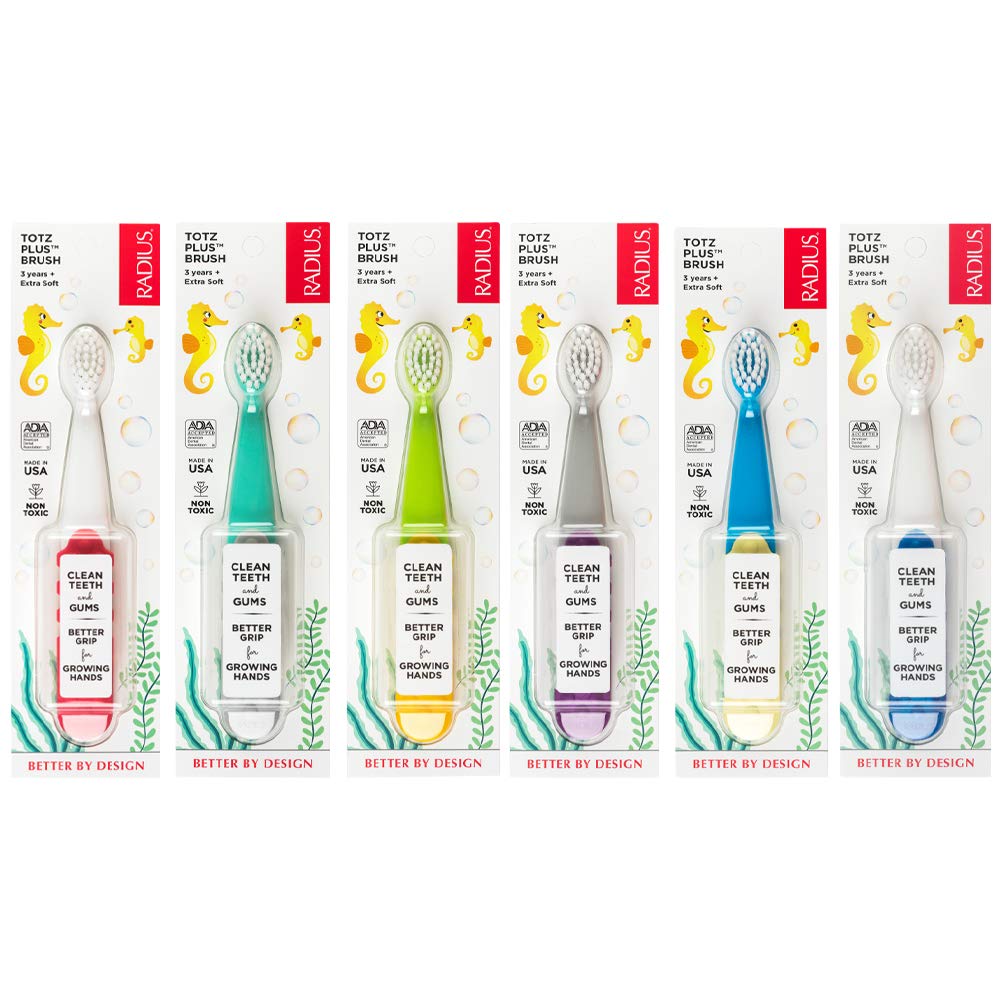 RADIUS Totz Plus Brush Kids Toothbrush Silky Soft BPA Free ADA Accepted Designed for Delicate Teeth & Gums for Children 3 Years & Up - Assorted - Pack of 6