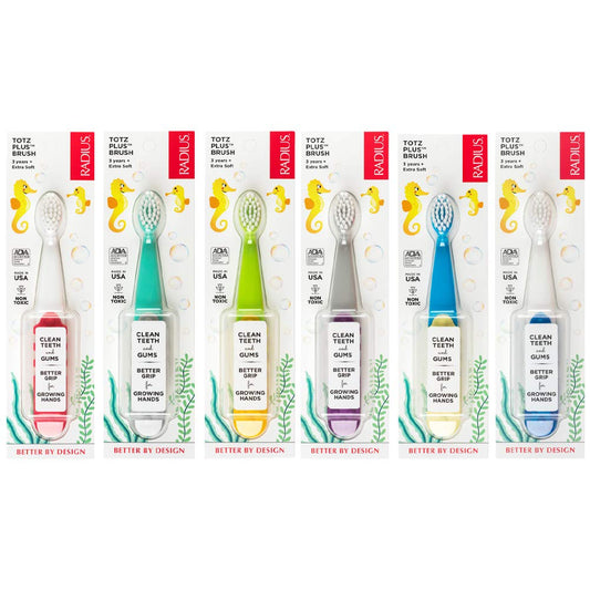 RADIUS Totz Plus Brush Kids Toothbrush Silky Soft BPA Free ADA Accepted Designed for Delicate Teeth & Gums for Children 3 Years & Up - Assorted - Pack of 6