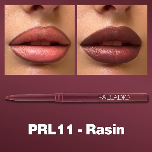Palladio Retractable Waterproof Lip Liner High Pigmented and Creamy Color Slim Twist Up Smudge Proof Formula with Long Lasting All Day Wear No Sharpener Required, Raisin, 1 Count
