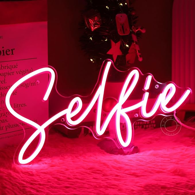 SYLHOME Selfie Pink LED Neon Light Sign Cute Makeup Girls Bedroom Light Up Mirror Wall Decor Sign Photo Studio Boys Kids Room Birthday Party Decor USB 15.2" X 7.1"