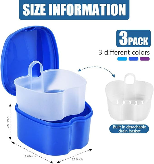 3 Pack Colors Denture Bath Case Cup Box Holder Storage Soak Container with Strainer Basket for Travel Cleaning (Blue, Light Blue, Purple)
