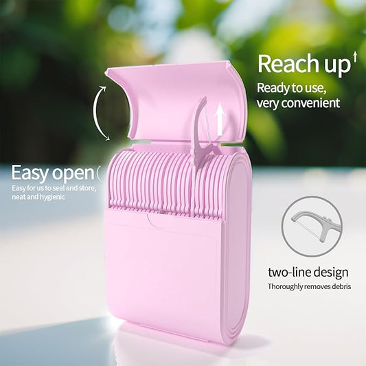 Portable Dental Floss Case 2 Box with 52 Count Floss Picks, Twin Line Design，Pink，Mint Flavor - Travel-Friendly Tooth Care Tool with Flossers Toothpick Holder - Oral Hygiene Essential.