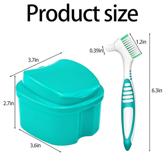 2 Pack Partial Denture Bath Case Retainer Cleaning Case Travel, Denture Storage Container False Teeth Case Denture Cups for Soaking Full Dentures, Braces, Mouth Guard - Lake Green & White